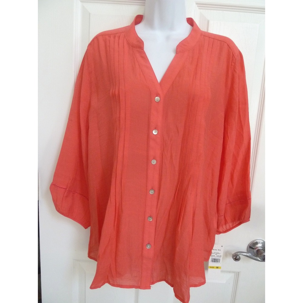 Ruby Rd Womens Coral Pink Pin-Tucked Button-Up Peasant Blouse Size M 79442 SQ